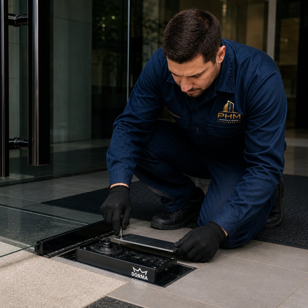Técnico PHM Blindex instalando mola de piso Dorma em porta de vidro